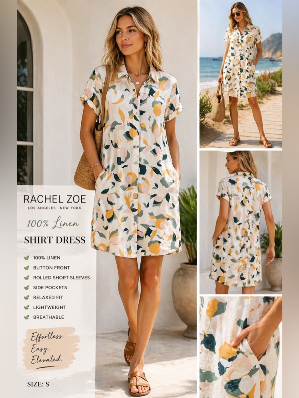 Rachel Zoe Linen Shirt Dress Floral Button Front Pockets Size Small S